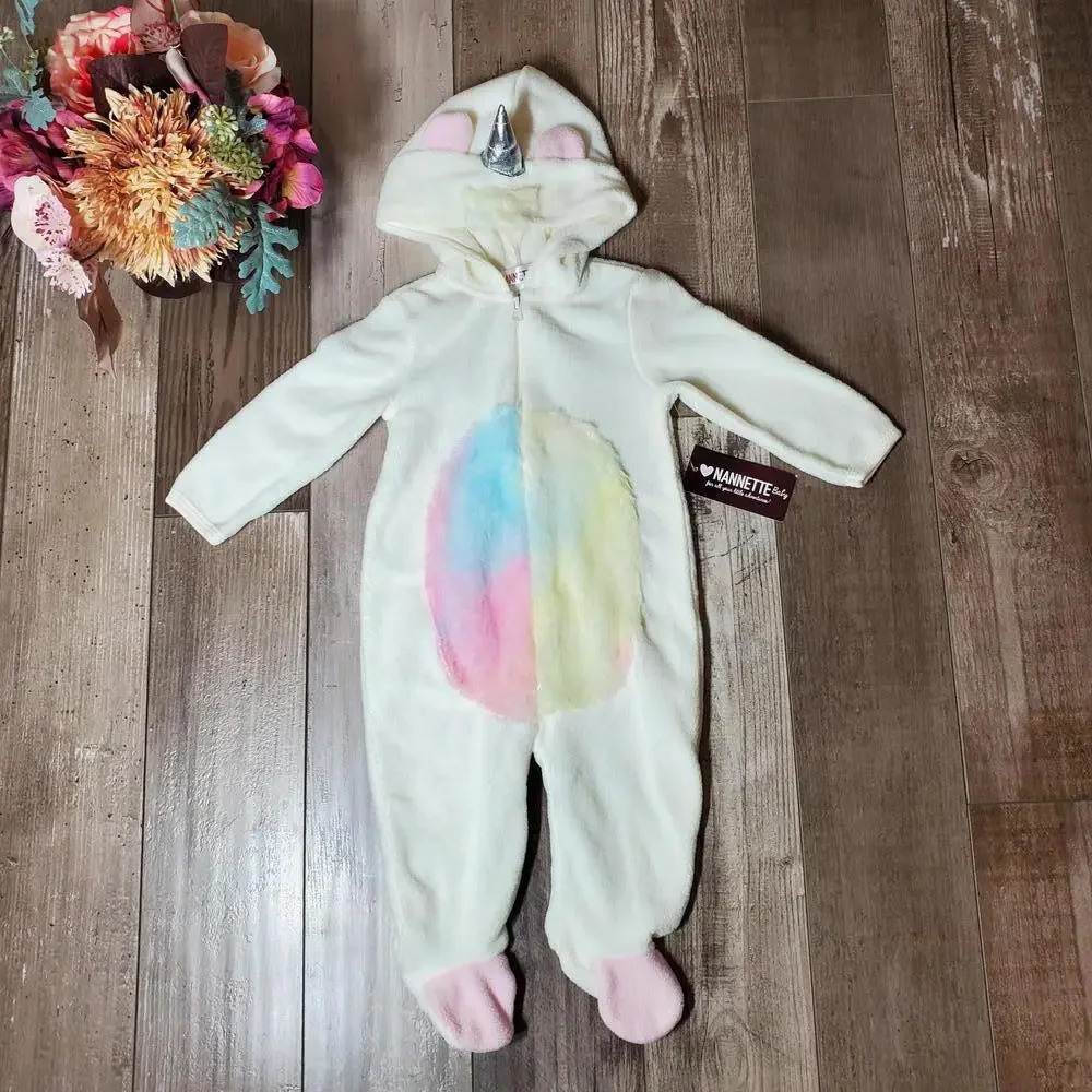 NWT Nannette Baby Girls Unicorn Footie Bodysuit Size 6-9M Cream White
